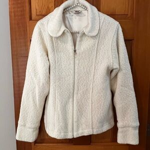 Women’s Ivory Cream Sherpa Jacket Sz M Puffy Fleece Zip Fall Winter Warm Cozy